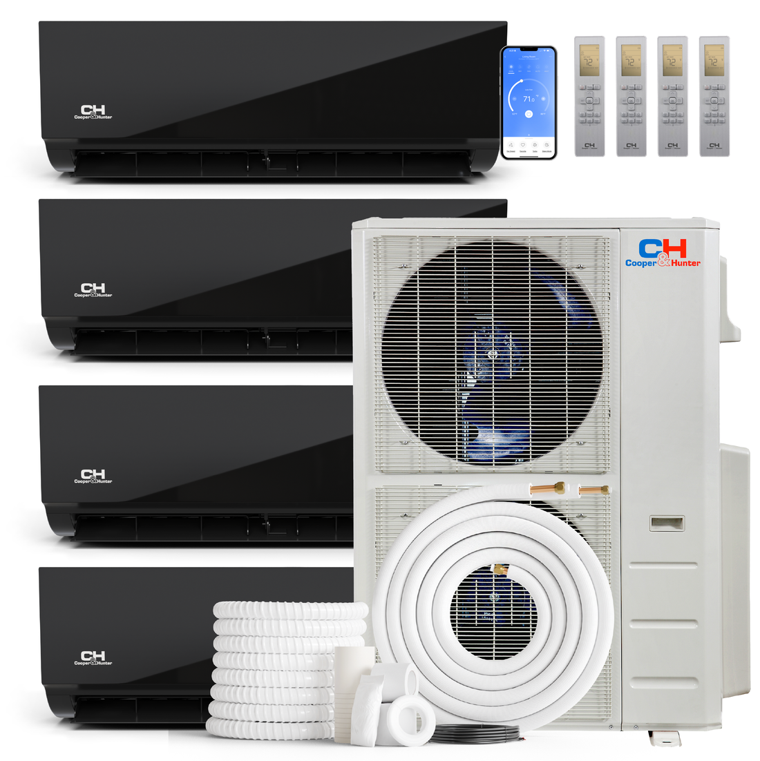 Cooper&Hunter 4-Zone Mini Split AC & Heat Pump -- 60000 (5.0 Ton), Wall Mount Units (9K+12K+18K+24K BTU), Inverter Technology, 230V, Heating & Cooling - R454B
