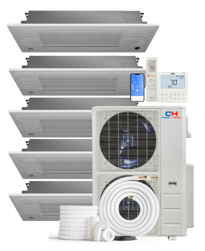 Cooper&Hunter 5-Zone Mini Split AC & Heat Pump -- 60000 (5.0 Ton), One-Way Ceiling Cassette Units (9K+9K+9K+12K+18K BTU), Inverter Technology, 230V, Heating & Cooling - R454B