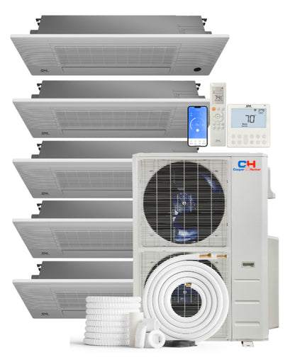 Cooper&amp;Hunter 5-Zone Mini Split AC &amp; Heat Pump -- 60000 (5.0 Ton), One-Way Ceiling Cassette Units (9K+9K+9K+12K+18K BTU), Inverter Technology, 230V, Heating &amp; Cooling - R454B