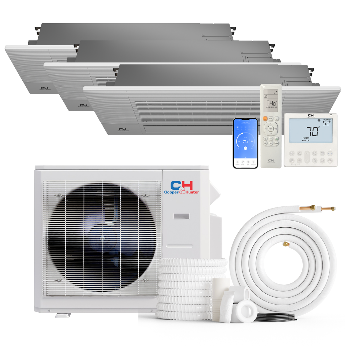 Cooper&Hunter 3-Zone Mini Split AC & Heat Pump -- 28000 (2.3 Ton), One-Way Ceiling Cassette Units (6K+9K+9K BTU), Inverter Technology, 230V, Heating & Cooling - R454B - South Mini Splits