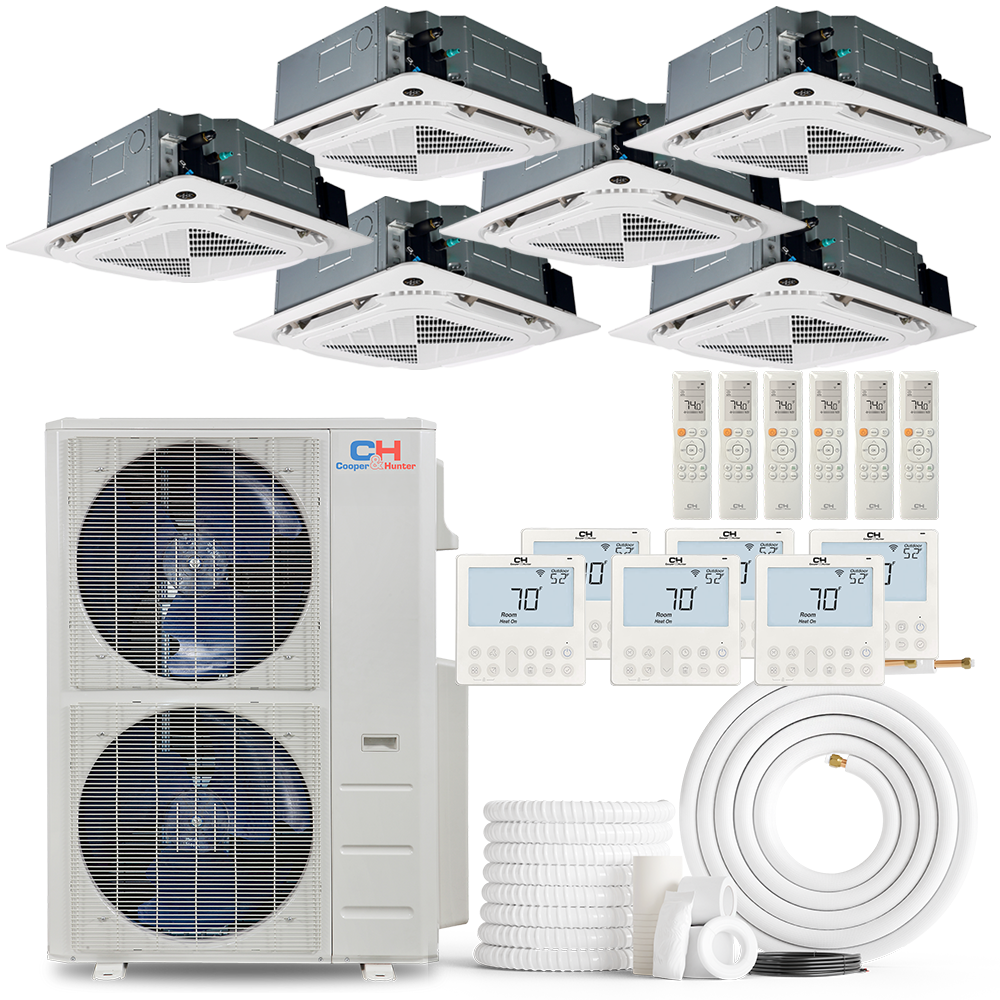 Cooper&Hunter 6-Zone Ductless Mini Split AC & Heat Pump -- 48000 (4.0 Ton), Ceiling Cassette Units (9K+9K+9K+9K+9K+12K BTU), Inverter Technology, 230V, Heating & Cooling - R454B - South Mini Splits