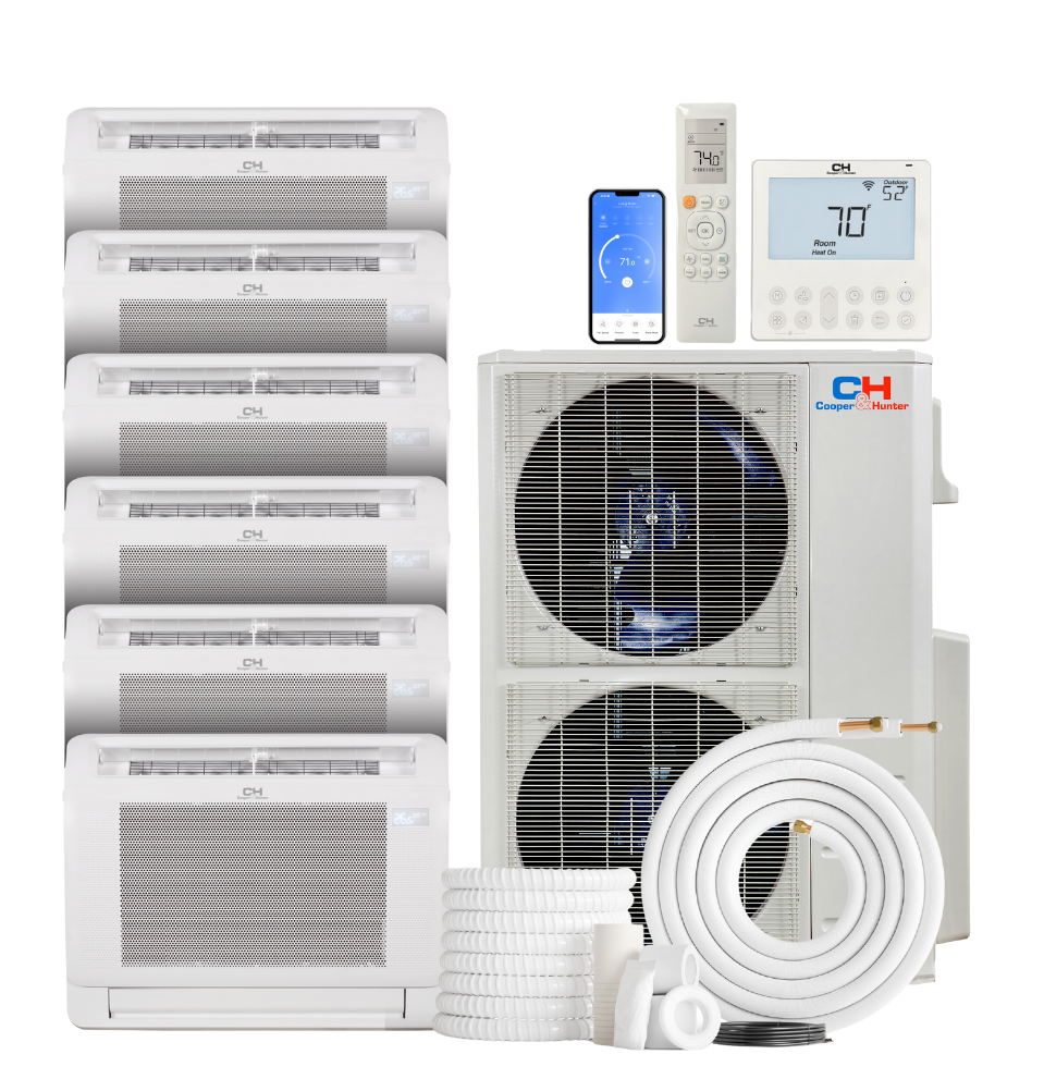 Cooper&Hunter 6-Zone Mini Split AC & Heat Pump -- 48000 (4.0 Ton), Mini Floor Console Units (9K+9K+9K+9K+12K+12K BTU), Inverter Technology, 230V, Heating & Cooling - R454B