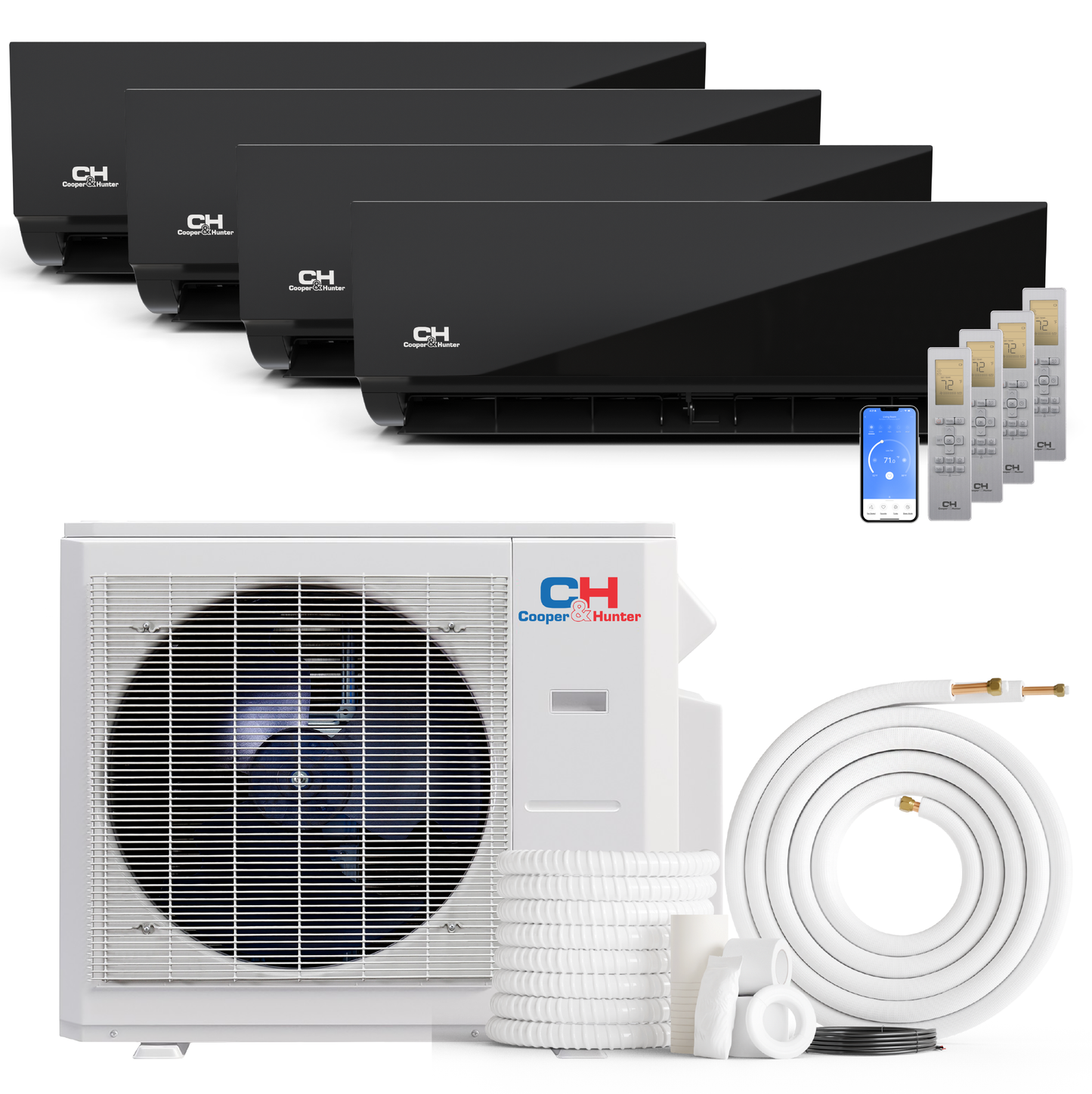 Cooper&Hunter 4-Zone Mini Split AC & Heat Pump -- 36000 (3.0 Ton), Wall Mount Units (9K+9K+9K+9K BTU), Inverter Technology, 230V, Heating & Cooling - R454B