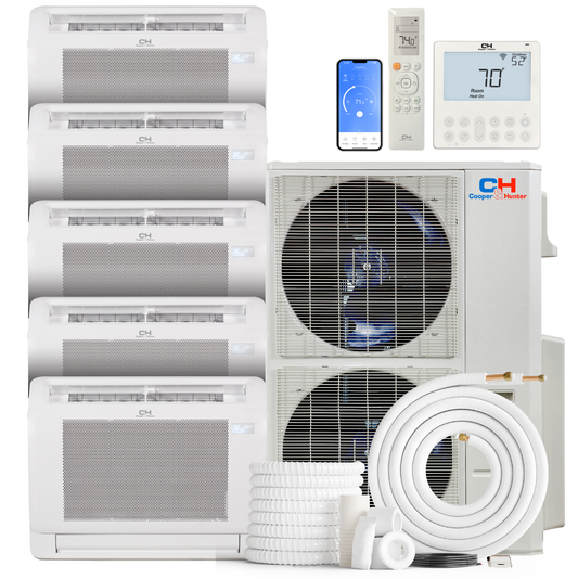 Cooper&Hunter 5-Zone Mini Split AC & Heat Pump -- 60000 (5.0 Ton), Mini Floor Console Units (9K+9K+12K+18K+18K BTU), Inverter Technology, 230V, Heating & Cooling - R454B