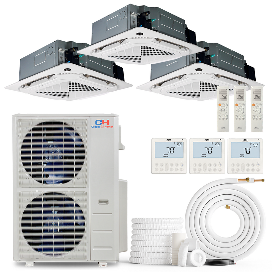 Cooper&Hunter 3-Zone Ductless Mini Split AC & Heat Pump -- 48000 (4.0 Ton), Ceiling Cassette Units (9K+12K+12K BTU), Inverter Technology, 230V, Heating & Cooling - R454B - South Mini Splits