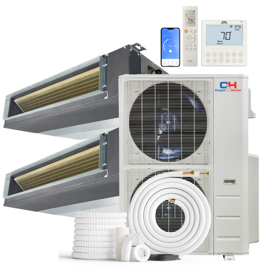 Cooper&Hunter 2-Zone Mini Split AC & Heat Pump -- 60000 (5.0 Ton), Slim Duct Units (9K+18K BTU), Inverter Technology, 230V, Heating & Cooling - R454B