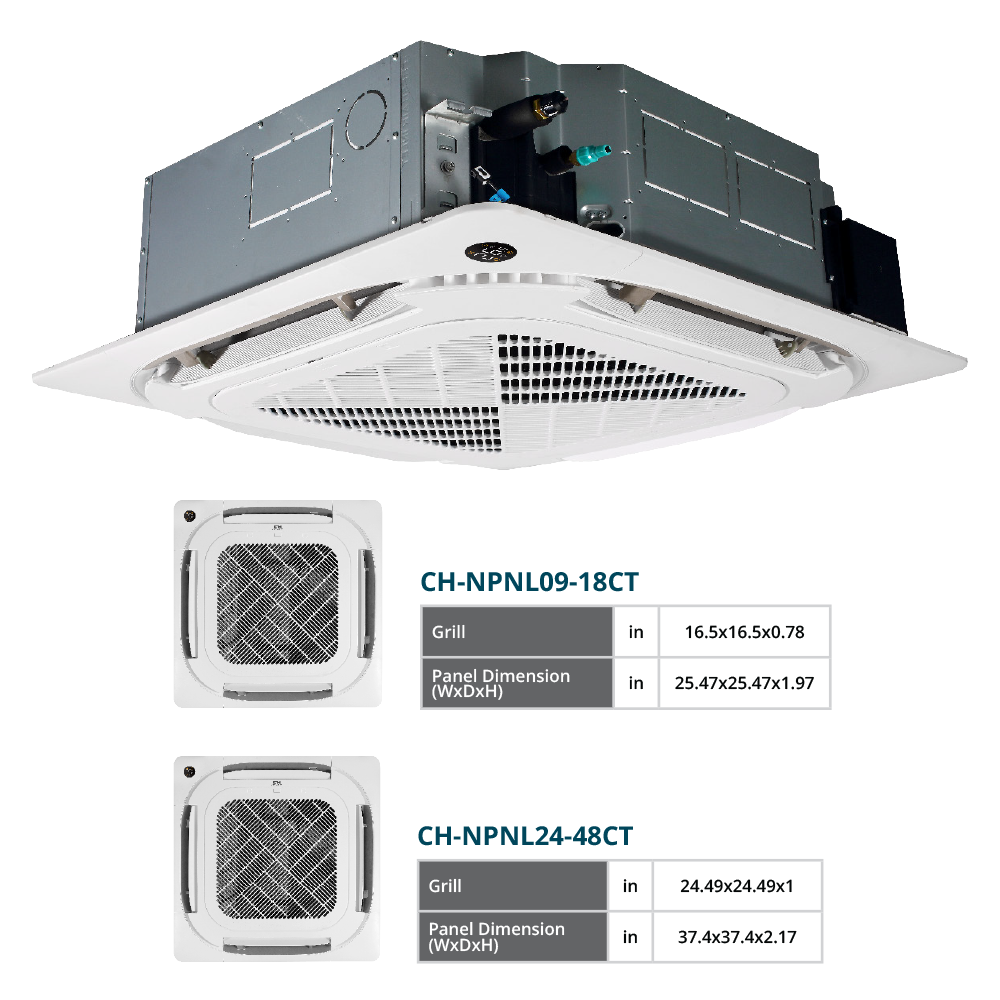Cooper&Hunter 4-Zone Ductless Mini Split AC & Heat Pump -- 48000 (4.0 Ton), Ceiling Cassette Units (9K+12K+12K+12K BTU), Inverter Technology, 230V, Heating & Cooling - R454B