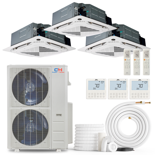 Cooper&Hunter 3-Zone Mini Split AC & Heat Pump -- 60000 (5.0 Ton), Ceiling Cassette Units (12K+12K+18K BTU), Inverter Technology, 230V, Heating & Cooling - R454B