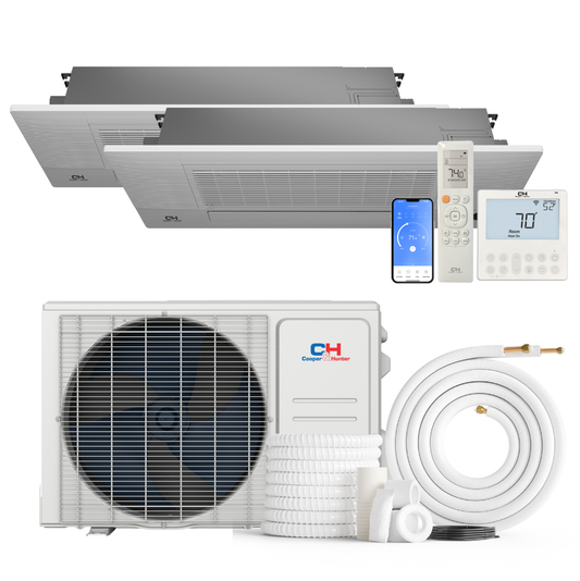Cooper&Hunter 2-Zone Mini Split AC & Heat Pump -- 18000 (1.5 Ton), One-Way Ceiling Cassette Units (9K+12K BTU), Inverter Technology, 230V, Heating & Cooling - R454B