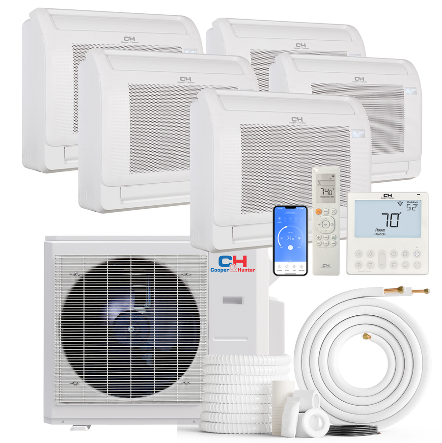 Cooper&Hunter 5-Zone Mini Split AC & Heat Pump -- 36000 (3.0 Ton), Mini Floor Console Units (9K+9K+9K+9K+9K BTU), Inverter Technology, 230V, Heating & Cooling - R454B