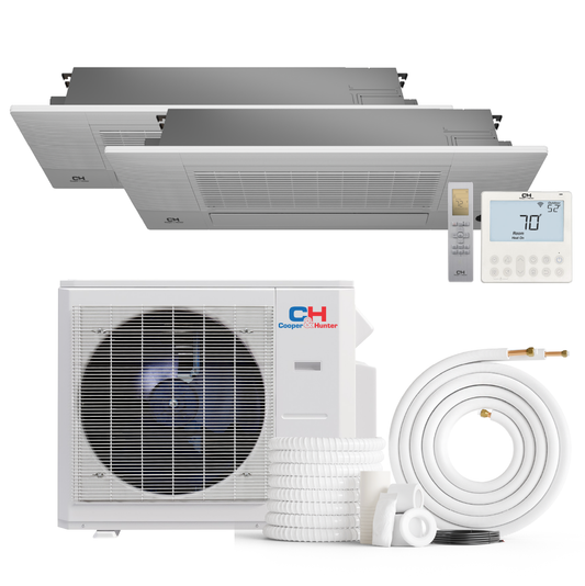Cooper&Hunter 2-Zone Mini Split AC & Heat Pump -- 28000 (2.3 Ton), One Way Ceiling Cassette Units (9K+9K BTU), Inverter Technology, 230V, Heating & Cooling - R410A