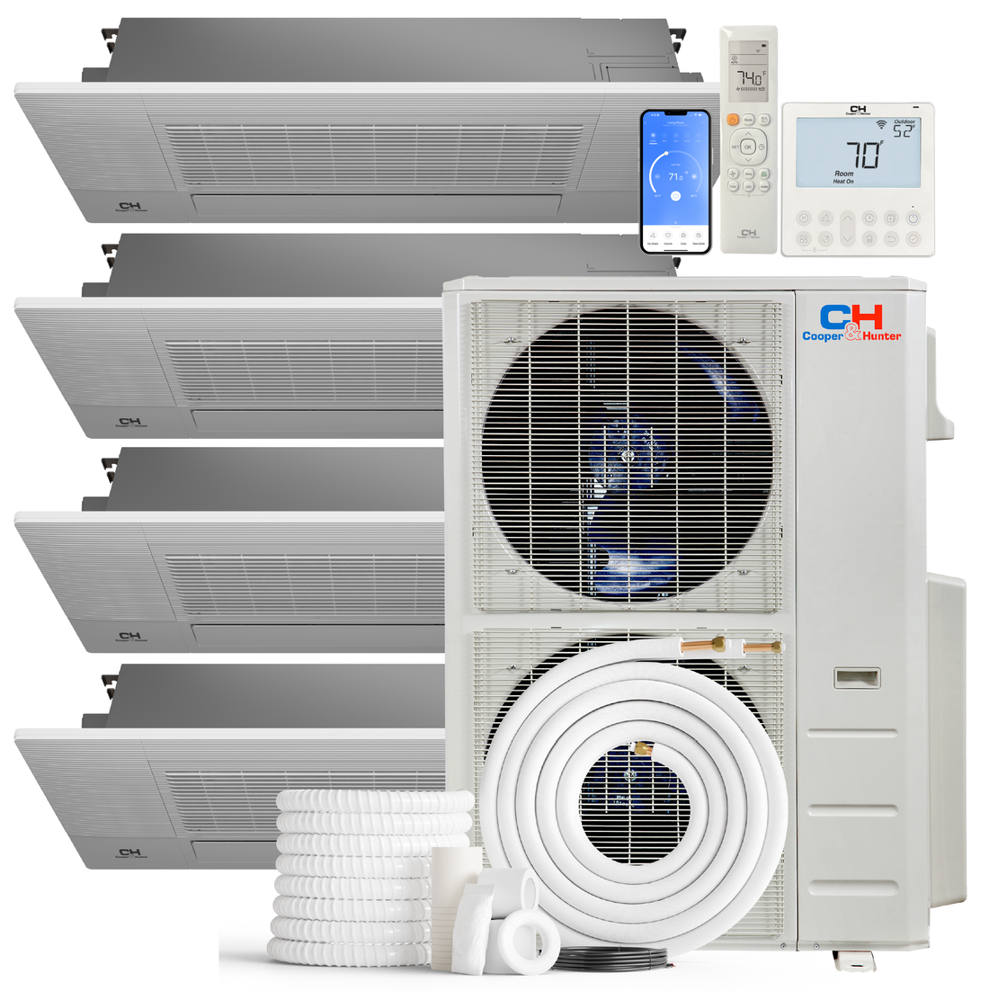 Cooper&Hunter 4-Zone Mini Split AC & Heat Pump -- 48000 (4.0 Ton), One-Way Ceiling Cassette Units (12K+12K+12K+12K BTU), Inverter Technology, 230V, Heating & Cooling - R454B