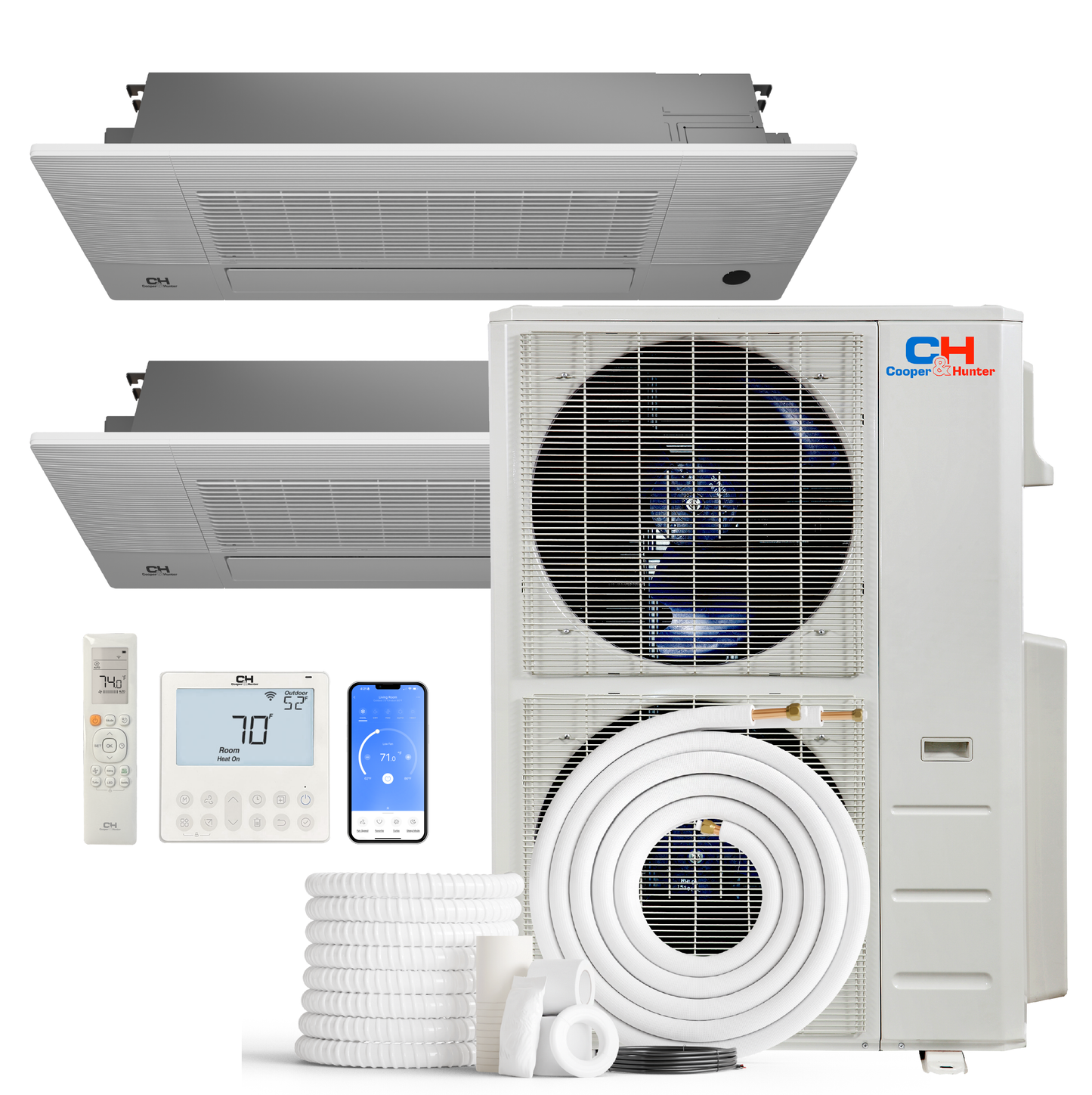 Cooper&Hunter 2-Zone Mini Split AC & Heat Pump -- 60000 (5.0 Ton), One-Way Ceiling Cassette Units (12K+12K BTU), Inverter Technology, 230V, Heating & Cooling - R454B