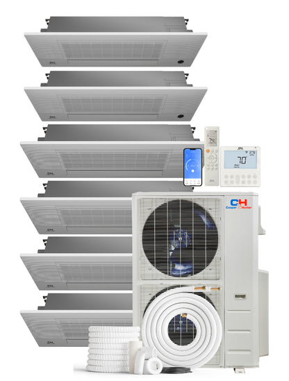 Cooper&amp;Hunter 6-Zone Mini Split AC &amp; Heat Pump -- 60000 (5.0 Ton), One-Way Ceiling Cassette Units (6K+6K+9K+9K+12K+18K BTU), Inverter Technology, 230V, Heating &amp; Cooling - R454B