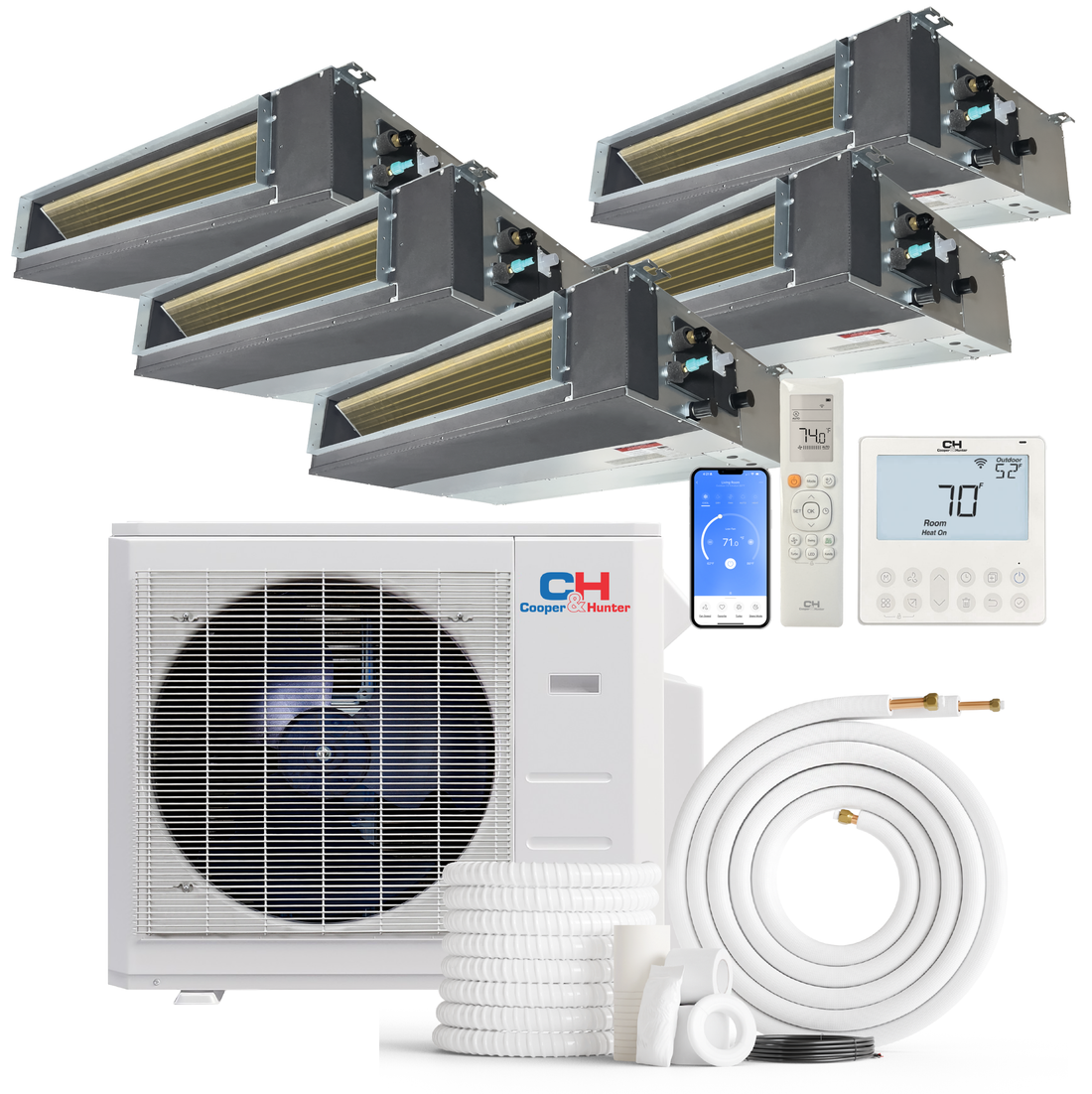 Cooper&Hunter 5-Zone Mini Split AC & Heat Pump -- 36000 (3.0 Ton), Slim Duct Units (6K+9K+9K+9K+12K BTU), Inverter Technology, 230V, Heating & Cooling - R454B