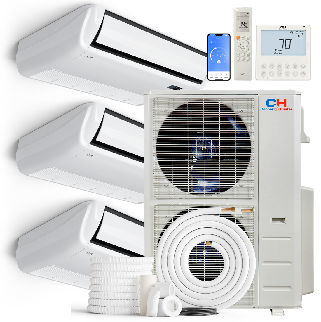 Cooper&Hunter 3-Zone Mini Split AC & Heat Pump -- 48000 (4.0 Ton), Universal Floor/Ceiling Units (18K+18K+18K BTU), Inverter Technology, 230V, Heating & Cooling - R454B - South Mini Splits