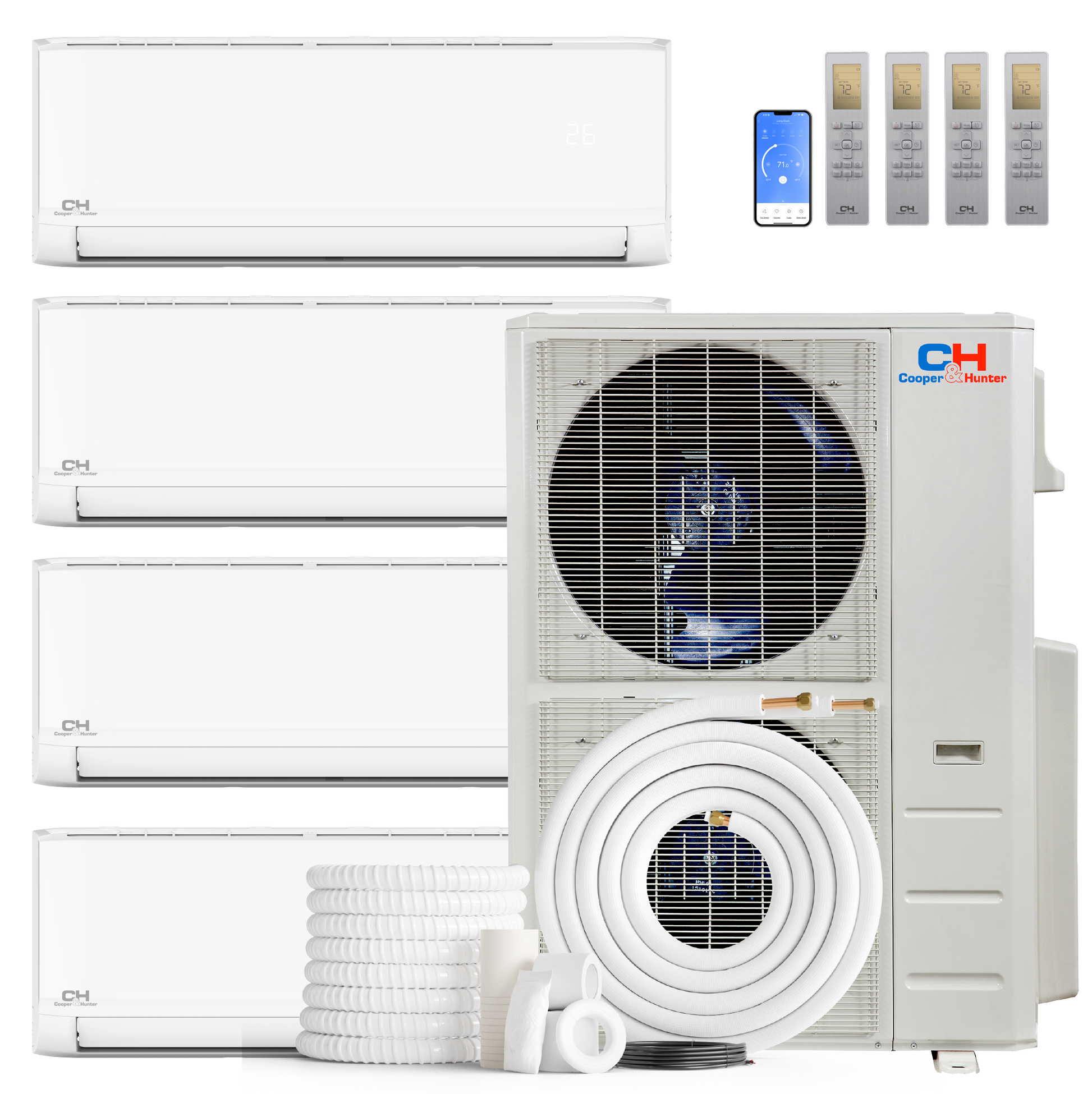 Cooper&Hunter Olivia Series 4-Zone Ductless Mini Split AC & Heat Pump -- 60000 BTU (5.0 Ton), Wall Mount Units (12K+12K+18K+18K) BTU, Inverter Technology, 230V, Heating & Cooling - R454B