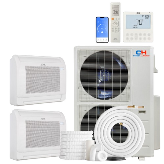 Cooper&Hunter 2-Zone Mini Split AC & Heat Pump -- 48000 (4.0 Ton), Mini Floor Console Units (9K+18K BTU), Inverter Technology, 230V, Heating & Cooling - R454B