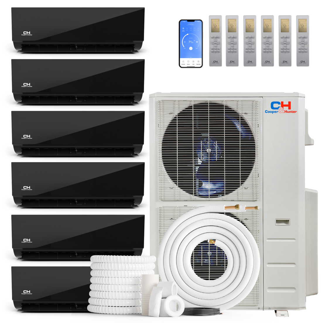 Cooper&Hunter 6-Zone Mini Split AC & Heat Pump -- 60000 (5.0 Ton), Wall Mount Units (9K+9K+9K+9K+12K+18K BTU), Inverter Technology, 230V, Heating & Cooling - R454B