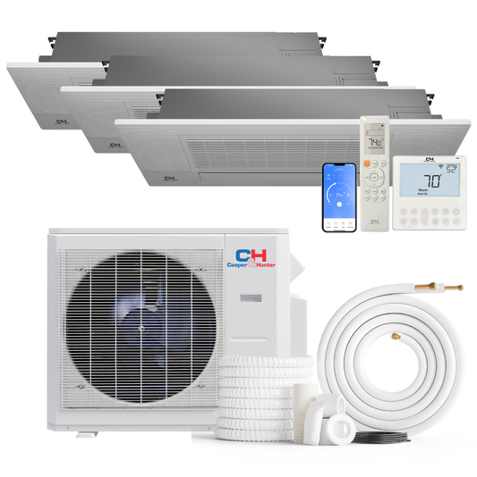 Cooper&Hunter 3-Zone Mini Split AC & Heat Pump -- 36000 (3.0 Ton), One-Way Ceiling Cassette Units (6K+6K+12K BTU), Inverter Technology, 230V, Heating & Cooling - R454B