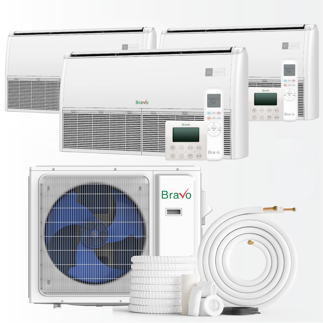 South Mini Splits | Bravo Milano Series 3-Zone Ductless Mini Split AC & Heat Pump -- 24000 BTU (2.0 Ton), Universal Floor Ceiling Units (9K+12K+12K) BTU, Inverter Technology, 230V, Heating & Cooling 