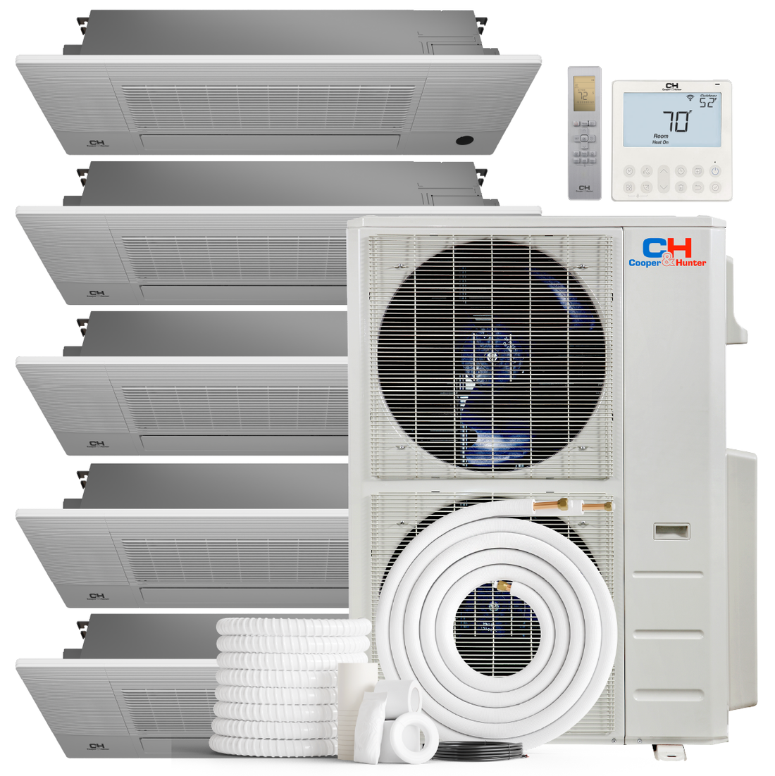Cooper&Hunter 5-Zone Mini Split AC & Heat Pump -- 55000 (4.6 Ton), One Way Ceiling Cassette Units (6K+6K+6K+6K+9K BTU), Inverter Technology, 230V, Heating & Cooling - R410A - South Mini Splits