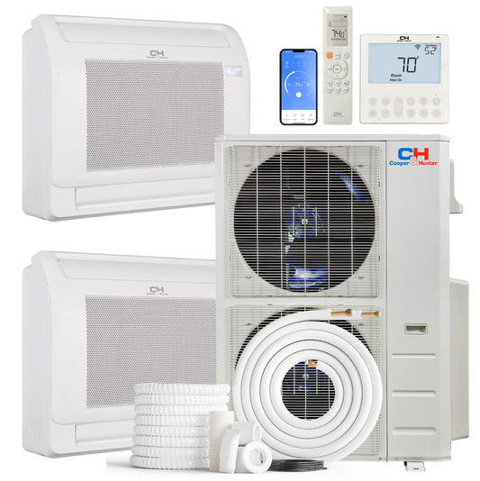 Cooper&Hunter 2-Zone Mini Split AC & Heat Pump -- 60000 (5.0 Ton), Mini Floor Console Units (12K+12K BTU), Inverter Technology, 230V, Heating & Cooling - R454B