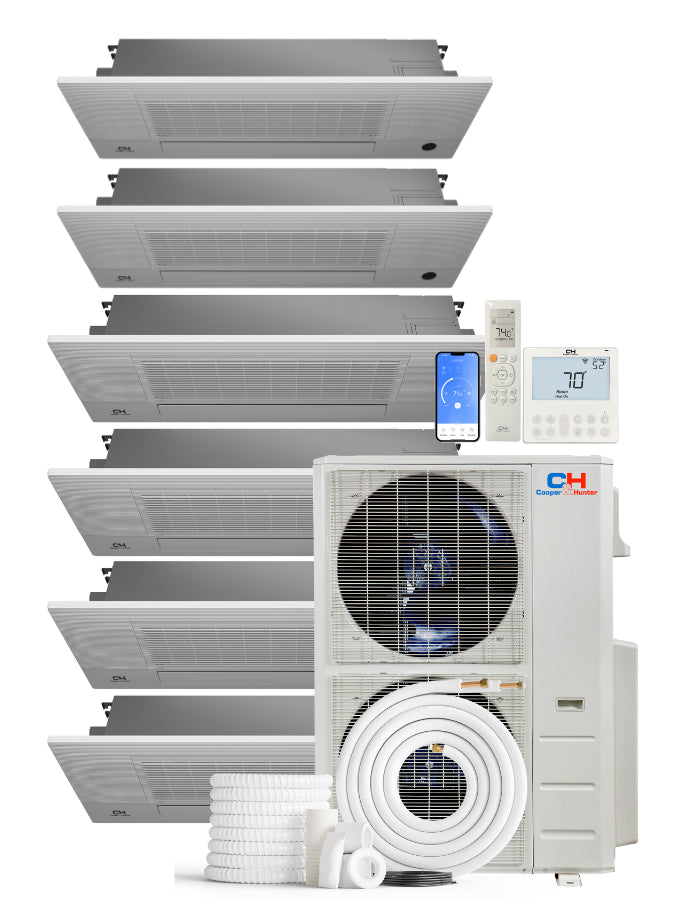 Cooper&Hunter 6-Zone Mini Split AC & Heat Pump -- 48000 (4.0 Ton), One-Way Ceiling Cassette Units (6K+9K+9K+12K+12K+12K BTU), Inverter Technology, 230V, Heating & Cooling - R454B