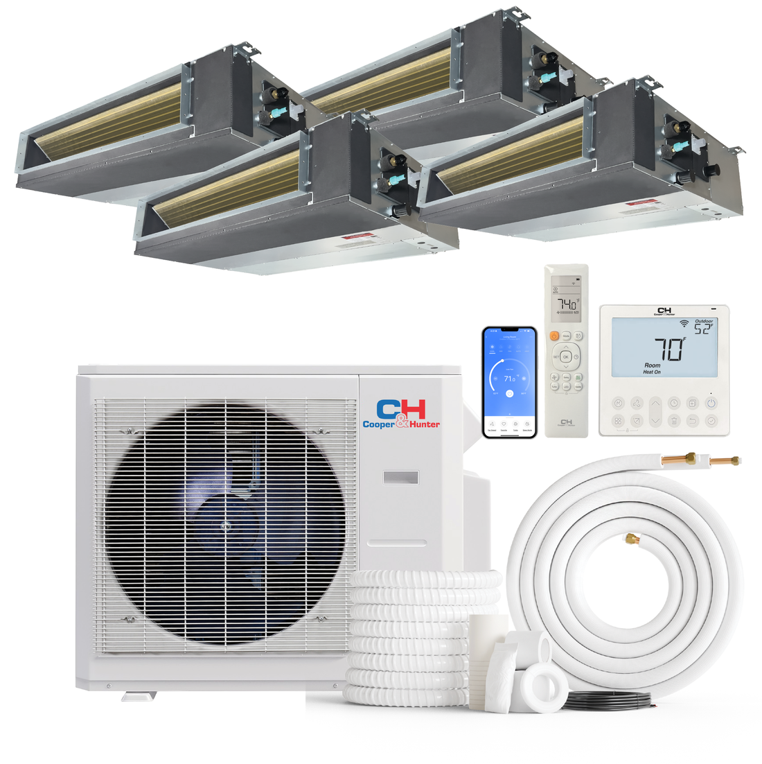 Cooper&Hunter 4-Zone Mini Split AC & Heat Pump -- 36000 (3.0 Ton), Slim Duct Units (6K+9K+9K+18K BTU), Inverter Technology, 230V, Heating & Cooling - R454B