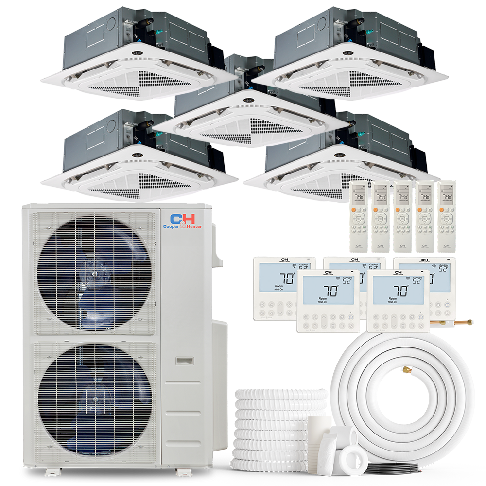 Cooper&Hunter 5-Zone Ductless Mini Split AC & Heat Pump -- 48000 (4.0 Ton), Ceiling Cassette Units (9K+9K+9K+12K+12K BTU), Inverter Technology, 230V, Heating & Cooling - R454B