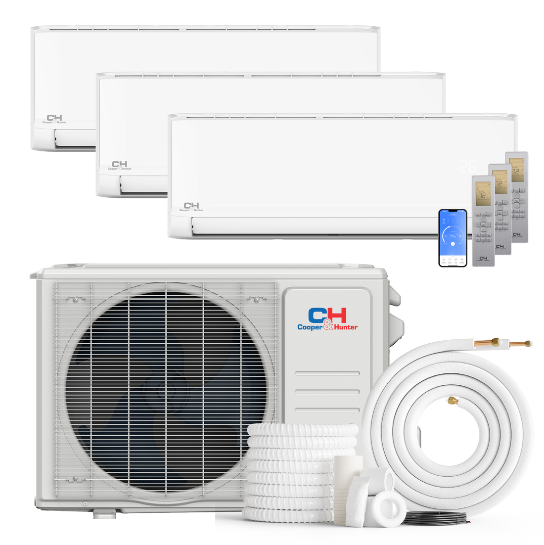 South Mini Splits | Cooper&Hunter Olivia Series 3-Zone Ductless Mini Split AC & Heat Pump -- 18000 BTU (1.5 Ton), Wall Mount Units (6K+6K+9K) BTU, Inverter Technology, 230V, Heating & Cooling - R454B 