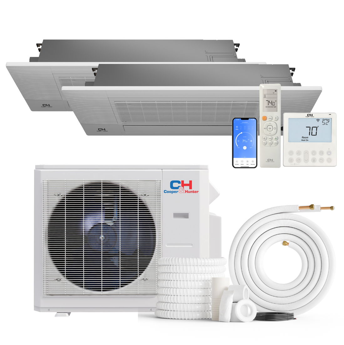 Cooper&Hunter 2-Zone Mini Split AC & Heat Pump -- 36000 (3.0 Ton), One-Way Ceiling Cassette Units (6K+9K BTU), Inverter Technology, 230V, Heating & Cooling - R454B - South Mini Splits
