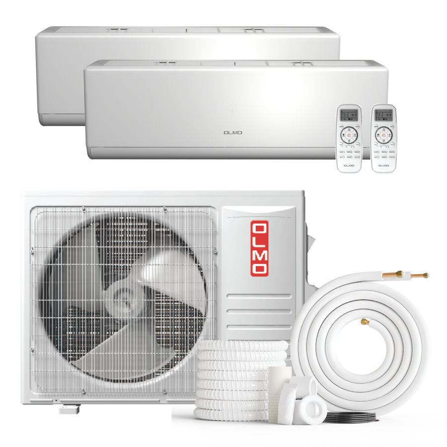 Olmo 2-Zone Mini Split AC & Heat Pump -- 18000 (1.5 Ton), Wall Mount Units (9K+12K BTU), Inverter Technology, 230V, Heating & Cooling - R454B