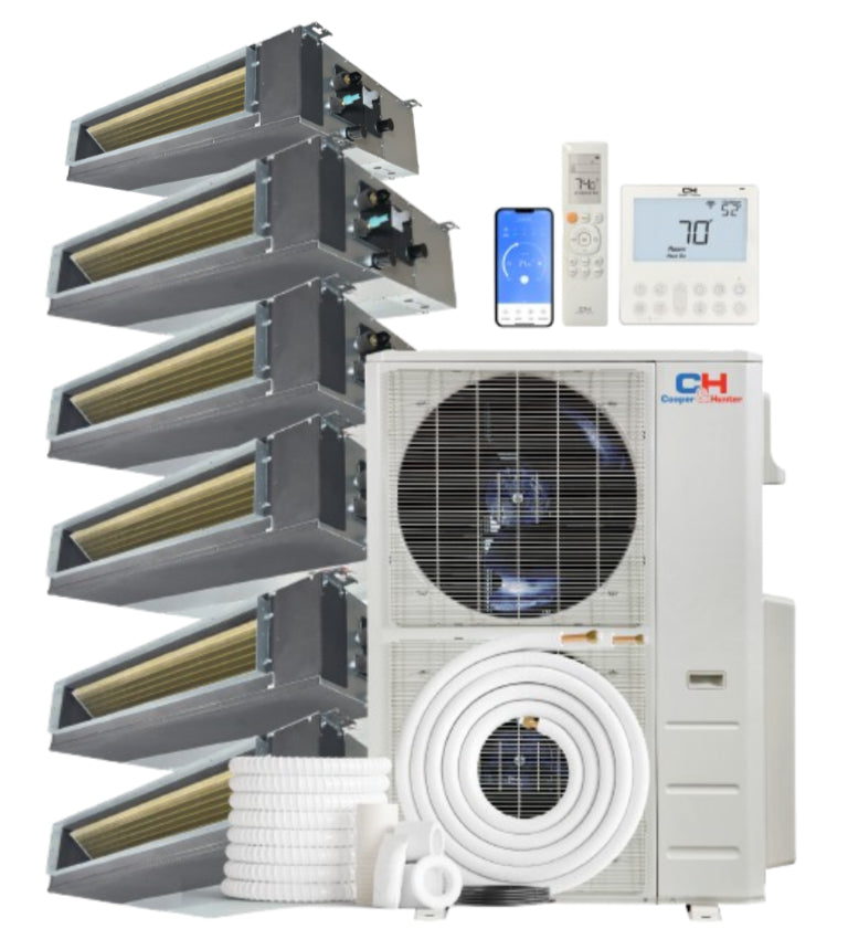 Cooper&Hunter 6-Zone Mini Split AC & Heat Pump -- 60000 (5.0 Ton), Slim Duct Units (6K+9K+9K+9K+12K+12K BTU), Inverter Technology, 230V, Heating & Cooling - R454B