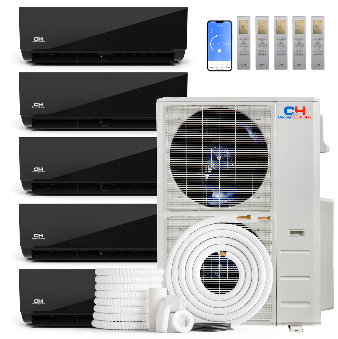 Cooper&Hunter 5-Zone Mini Split AC & Heat Pump -- 60000 (5.0 Ton), Wall Mount Units (9K+9K+9K+18K+24K BTU), Inverter Technology, 230V, Heating & Cooling - R454B - South Mini Splits