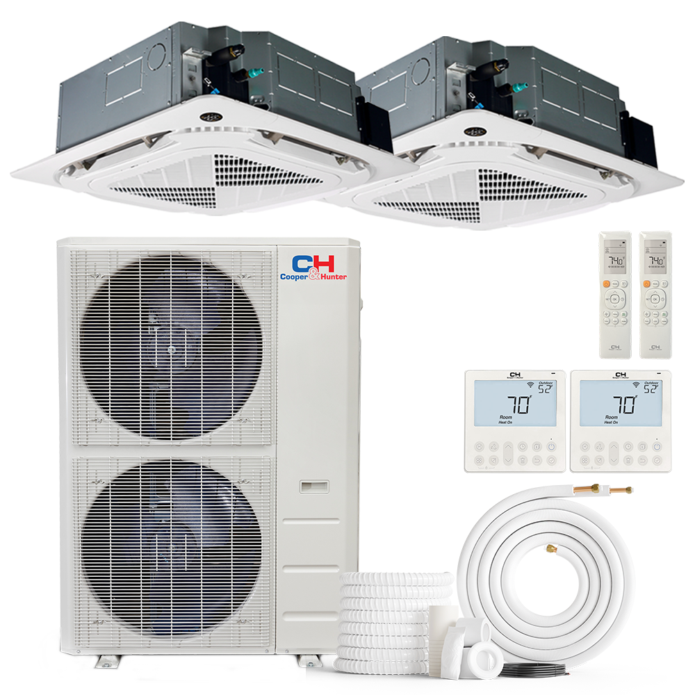 Cooper&Hunter 2-Zone Ductless Mini Split AC & Heat Pump -- 48000 (4.0 Ton), Ceiling Cassette Units (12K+12K BTU), Inverter Technology, 230V, Heating & Cooling - R454B