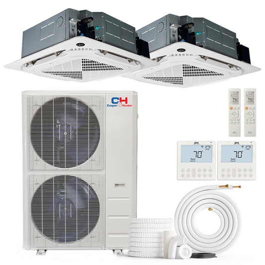 Cooper&Hunter 2-Zone Ductless Mini Split AC & Heat Pump -- 48000 (4.0 Ton), Ceiling Cassette Units (12K+12K BTU), Inverter Technology, 230V, Heating & Cooling - R454B