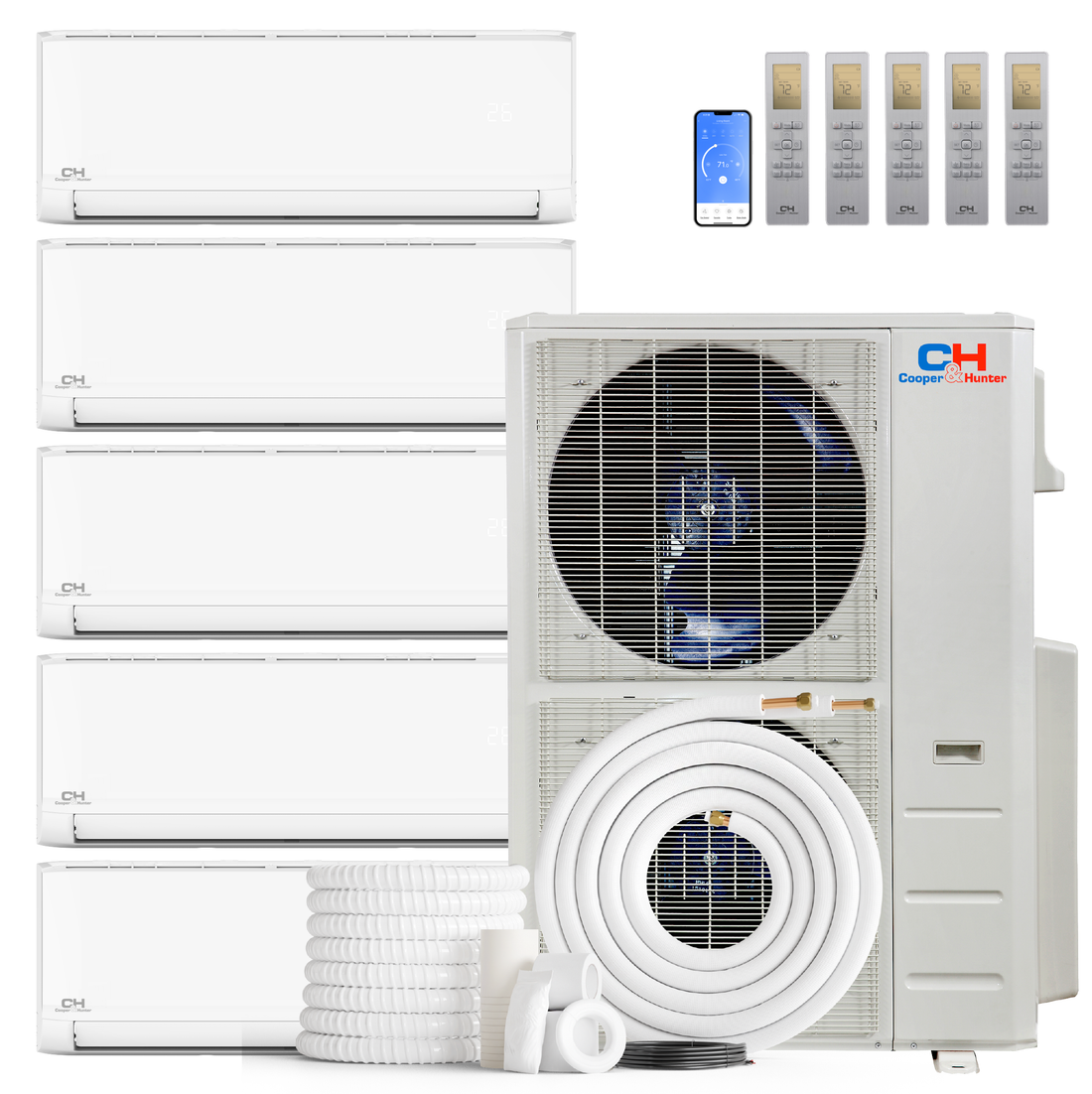 Cooper&Hunter Olivia Series 5-Zone Ductless Mini Split AC & Heat Pump -- 60000 BTU (5.0 Ton), Wall Mount Units (9K+9K+9K+18K+24K) BTU, Inverter Technology, 230V, Heating & Cooling - R454B
