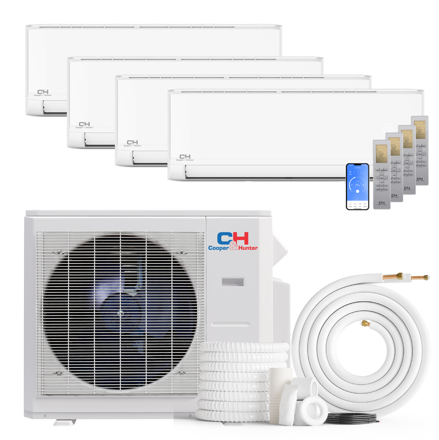 Cooper&Hunter Olivia Series 4-Zone Ductless Mini Split AC & Heat Pump -- 36000 BTU (3.0 Ton), Wall Mount Units (6K+12K+12K+12K) BTU, Inverter Technology, 230V, Heating & Cooling - R454B