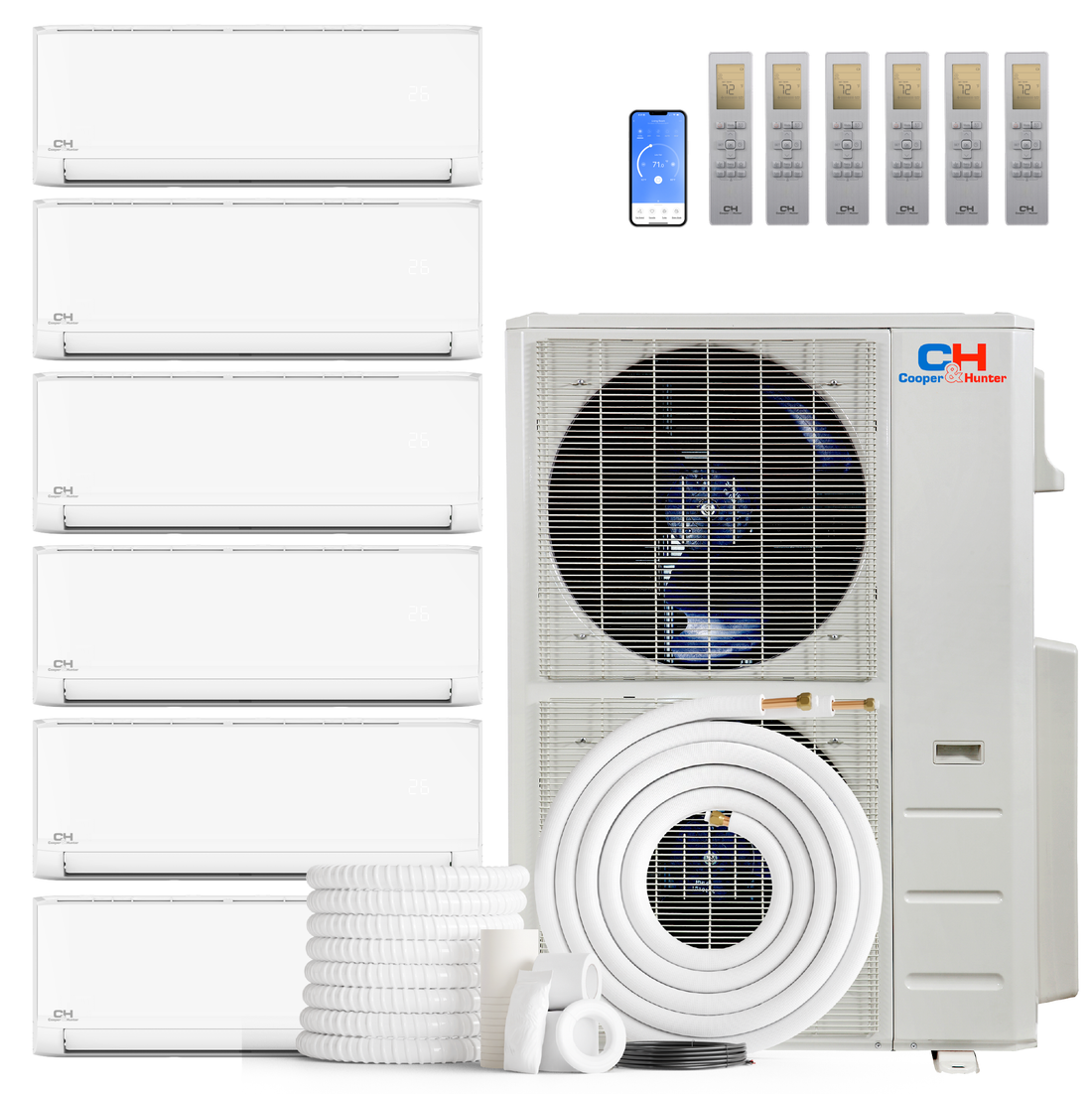Cooper&Hunter Olivia Series 6-Zone Ductless Mini Split AC & Heat Pump -- 60000 BTU (5.0 Ton), Wall Mount Units (6K+9K+9K+9K+12K+24K) BTU, Inverter Technology, 230V, Heating & Cooling - R454B