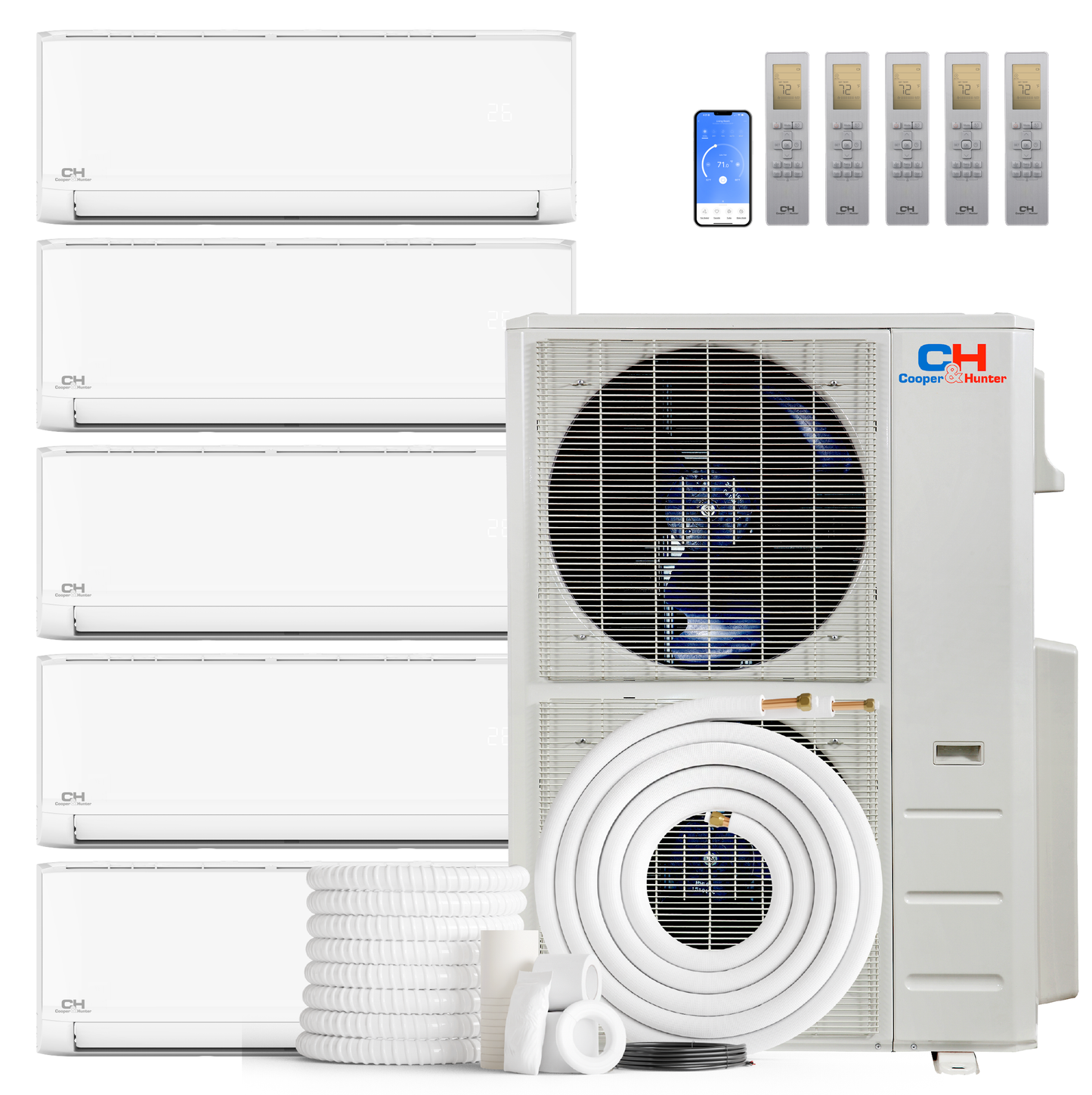 Cooper&Hunter Olivia Series 5-Zone Ductless Mini Split AC & Heat Pump -- 60000 BTU (5.0 Ton), Wall Mount Units (6K+6K+6K+6K+9K) BTU, Inverter Technology, 230V, Heating & Cooling - R454B