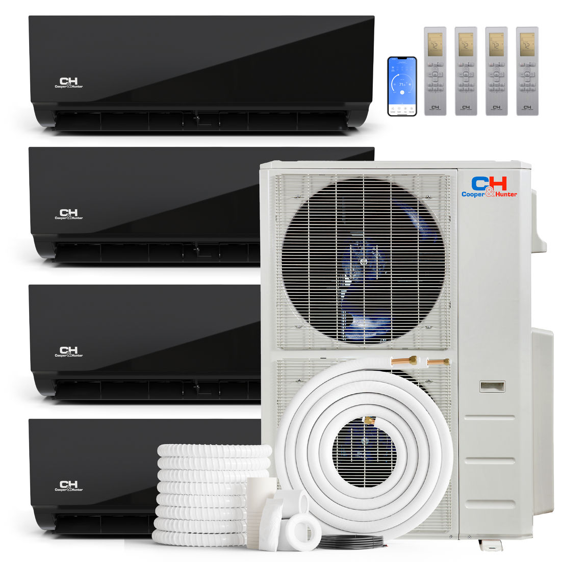 Cooper&Hunter 4-Zone Mini Split AC & Heat Pump -- 48000 (4.0 Ton), Wall Mount Units (9K+18K+18K+18K BTU), Inverter Technology, 230V, Heating & Cooling - R454B