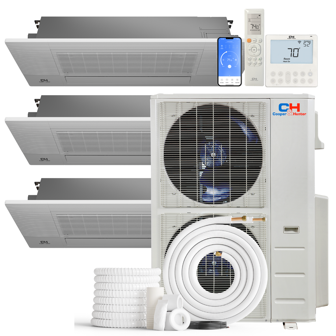 Cooper&Hunter 3-Zone Mini Split AC & Heat Pump -- 60000 (5.0 Ton), One-Way Ceiling Cassette Units (6K+12K+12K BTU), Inverter Technology, 230V, Heating & Cooling - R454B - South Mini Splits