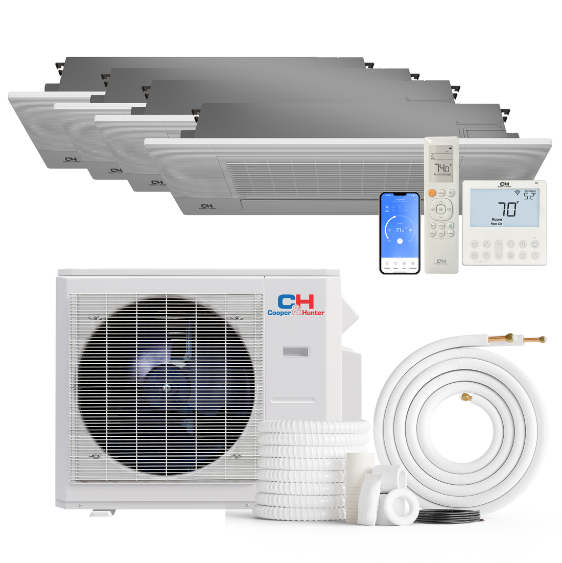 Cooper&Hunter 4-Zone Mini Split AC & Heat Pump -- 36000 (3.0 Ton), One-Way Ceiling Cassette Units (6K+9K+12K+18K BTU), Inverter Technology, 230V, Heating & Cooling - R454B