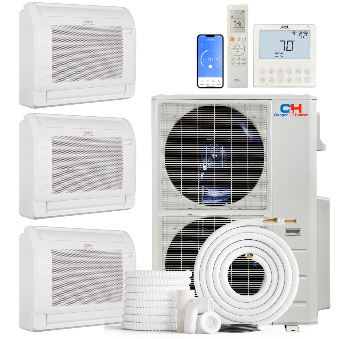 Cooper&Hunter 3-Zone Mini Split AC & Heat Pump -- 48000 (4.0 Ton), Mini Floor Console Units (9K+9K+18K BTU), Inverter Technology, 230V, Heating & Cooling - R454B - South Mini Splits