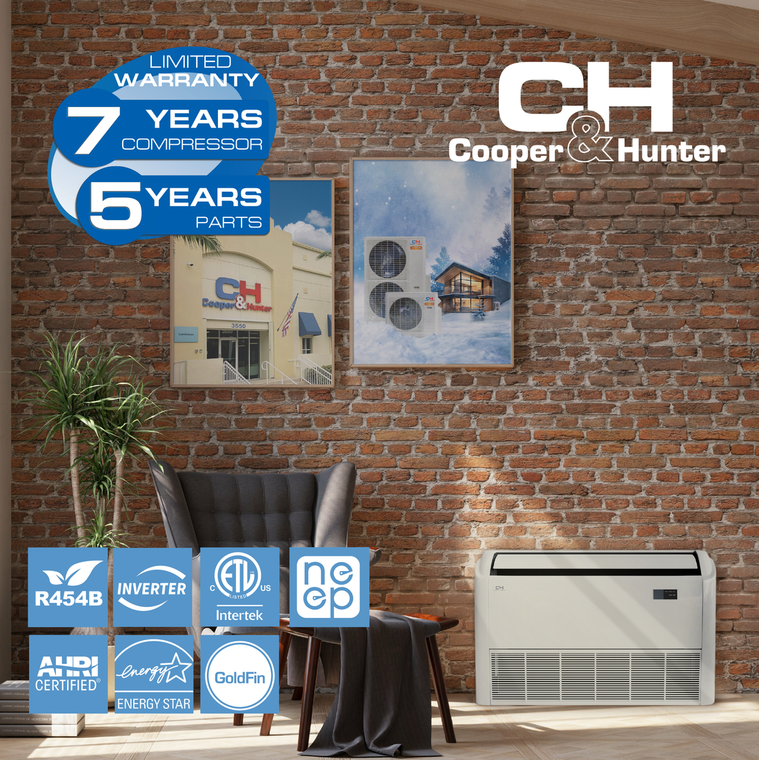 Cooper&Hunter 2-Zone Mini Split AC & Heat Pump -- 60000 (5.0 Ton), Universal Floor/Ceiling Units (24K+24K BTU), Inverter Technology, 230V, Heating & Cooling - R454B