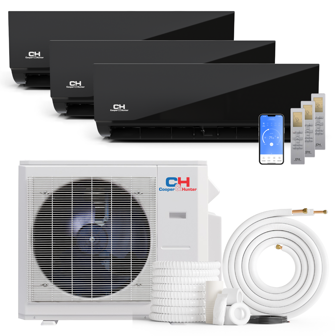 Cooper&Hunter 3-Zone Mini Split AC & Heat Pump -- 36000 (3.0 Ton), Wall Mount Units (12K+12K+18K BTU), Inverter Technology, 230V, Heating & Cooling - R454B - South Mini Splits