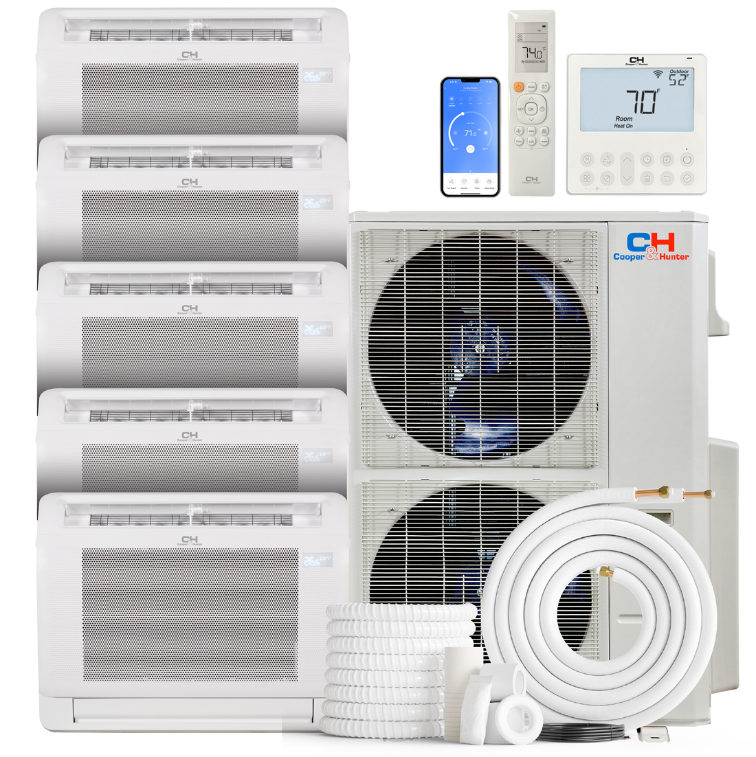 Cooper&Hunter 5-Zone Mini Split AC & Heat Pump -- 48000 (4.0 Ton), Mini Floor Console Units (9K+9K+9K+12K+18K BTU), Inverter Technology, 230V, Heating & Cooling - R454B