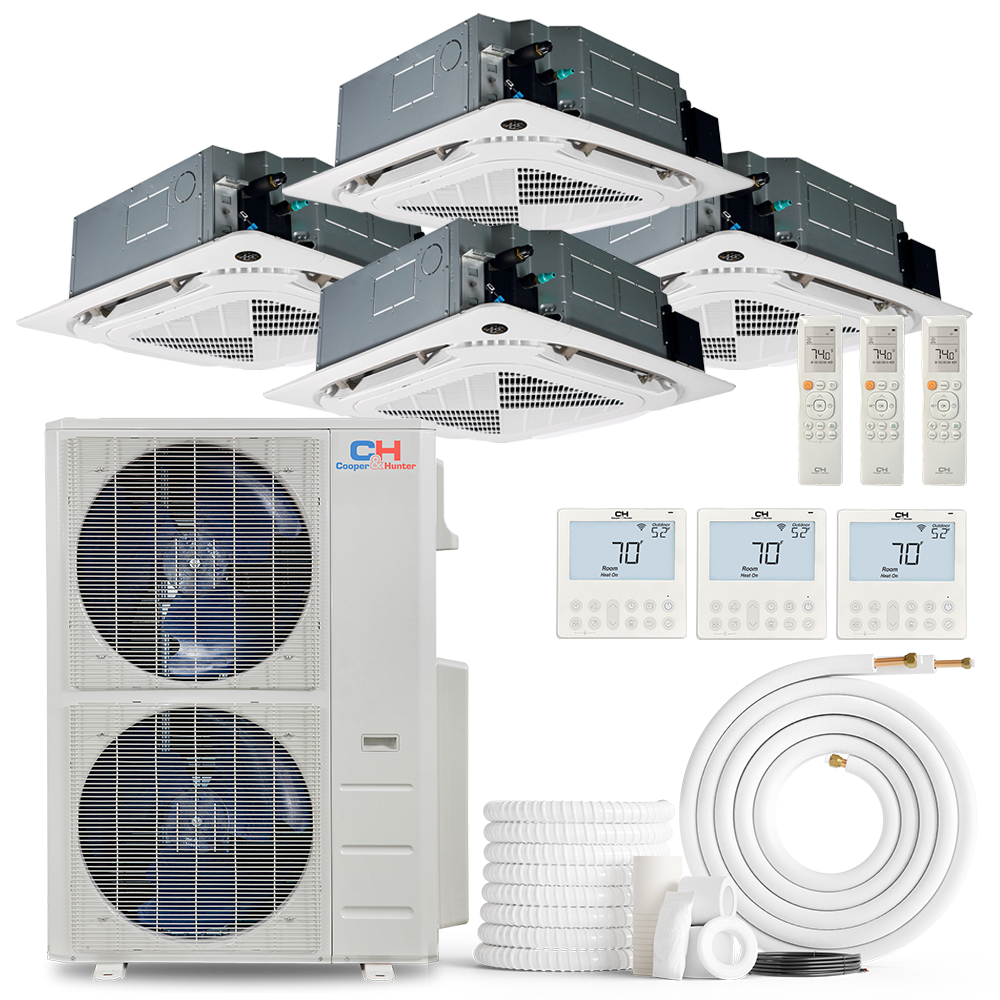 Cooper&Hunter 4-Zone Ductless Mini Split AC & Heat Pump -- 48000 (4.0 Ton), Ceiling Cassette Units (9K+9K+18K+18K BTU), Inverter Technology, 230V, Heating & Cooling - R454B