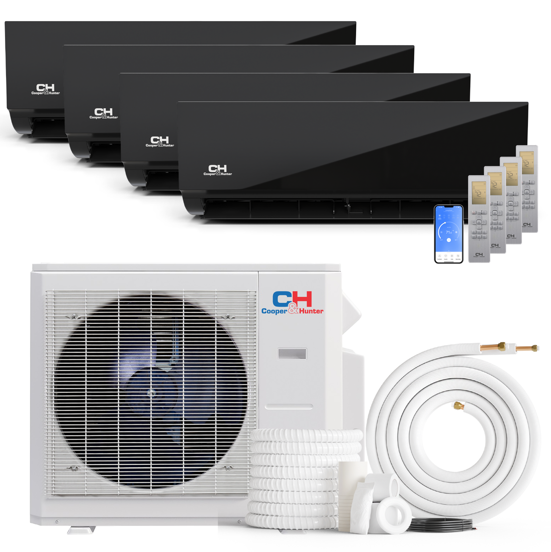 Cooper&Hunter 4-Zone Mini Split AC & Heat Pump -- 36000 (3.0 Ton), Wall Mount Units (12K+12K+12K+12K BTU), Inverter Technology, 230V, Heating & Cooling - R454B